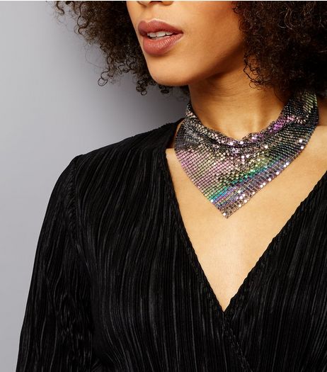 Silver Holograhic Chain Mail Bib Necklace | New Look