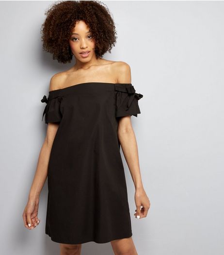 Black Bardot Neck Tie Sleeve Dress | New Look
