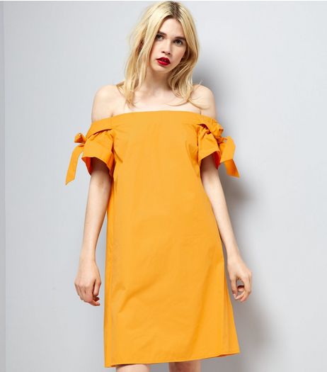 Yellow Bardot Neck Tie Sleeve Dress | New Look