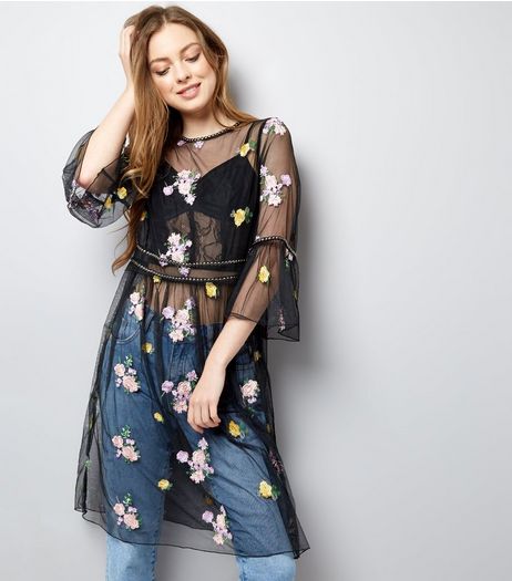 Black Stud Floral Embroidered Mesh Dress | New Look