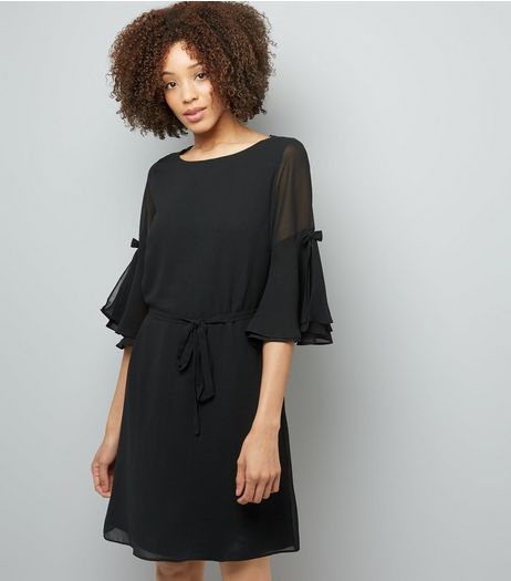 Black Chiffon Bow Bell Sleeve Tunic Dress | New Look