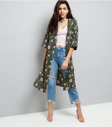 Innocence Green Floral Print Longline Kimono | New Look