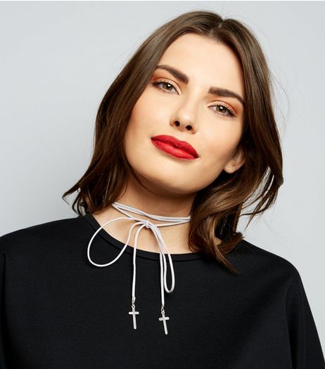 Grey Suedette Cross Charm Tie Up Choker | New Look