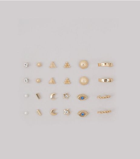12 Pack Gold Crystal Detail Mixed Stud Earrings | New Look