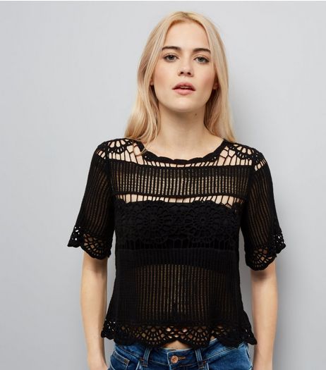 Black Crochet T-Shirt | New Look