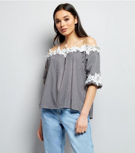 QED Black Gingham Lace Trim Bardot Top | New Look