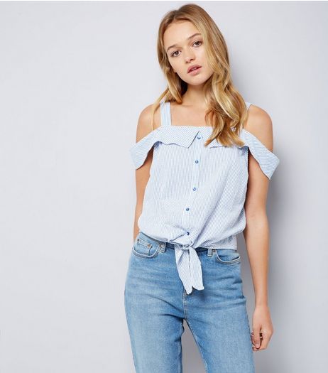 Blue Stripe Seersucker Cold Shoulder Top | New Look