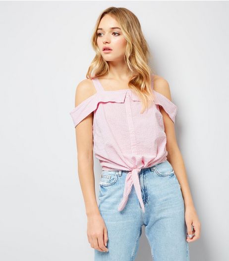 Pink Stripe Seersucker Cold Shoulder Top | New Look
