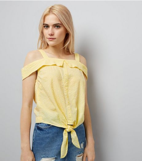 Yellow Stripe Seersucker Cold Shoulder Top | New Look