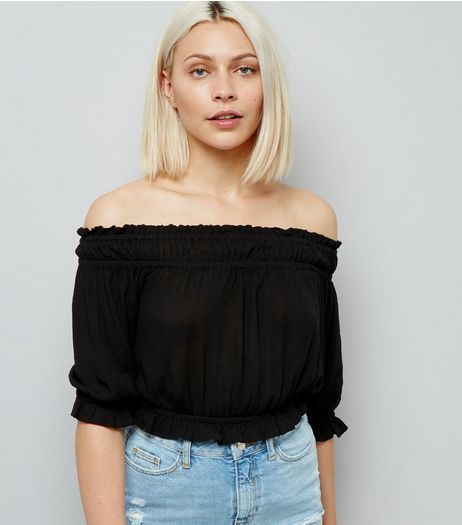 Black Shirred Bardot Neck Top | New Look