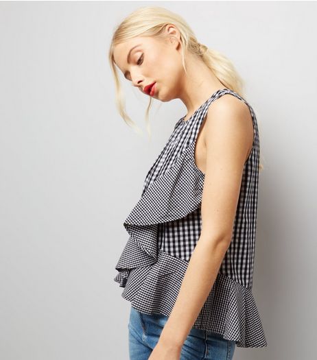 Black Gingham Check Frill Trim Top | New Look
