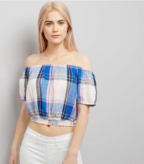 White Check Bardot Neck Top | New Look