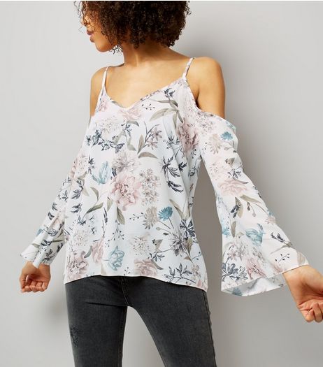 White Floral Print Cold Shoulder Flared Sleeve Top | New Look