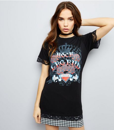 QED Black Rock Legend Print Lace Trim Tunic | New Look