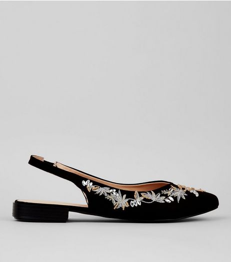 Black Suedette Embellished Sling Back Pointed Pumps | New Look