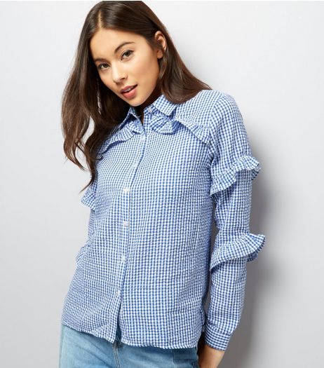 QED Blue Gingham Frill Sleeve Shirt | New Look