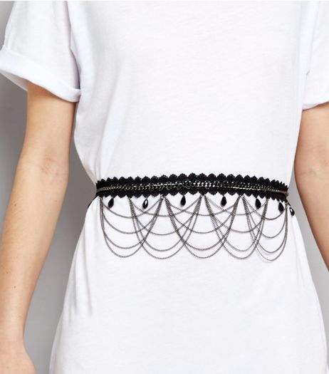 Black Lace and Chain Drop Waist Belt | New Look