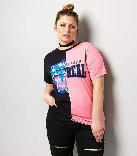 Curves Bright Pink Colour Block Spliced T-Shirt | New Look
