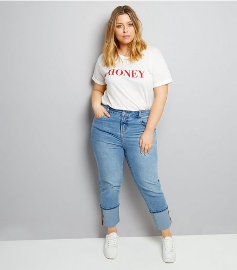 Curves Blue Turn Up Hem Boyfriend Jeans | New Look