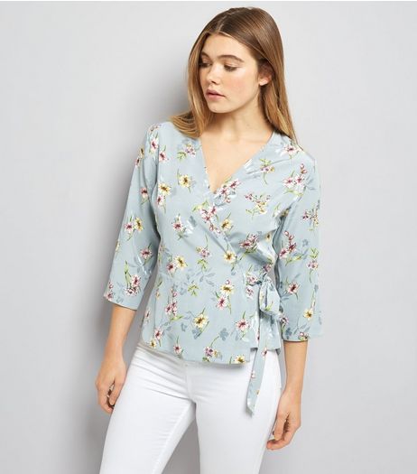 Blue Floral Print Jacquard Textured Wrap Front Top | New Look