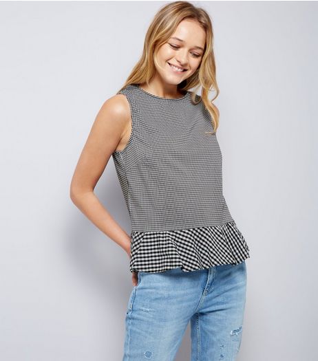 Black Gingham Check Peplum Hem Top | New Look