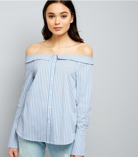Blue Stripe Bardot Neck Shirt | New Look