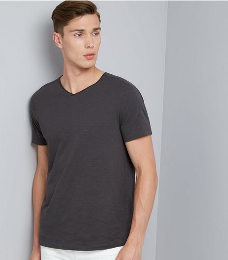 Grey Raw Edge V Neck T-Shirt | New Look