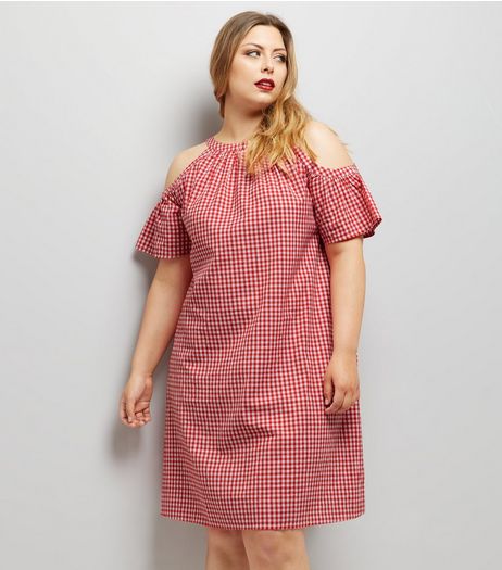 Curves Red Gingham Cold Shoulder Dress | New Look