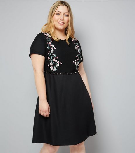 Curves Black Floral Embroidered Studded Mini Dress | New Look