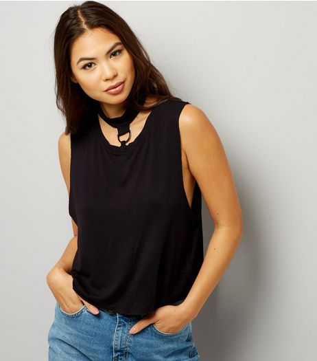 Black Ring Detail Choker Neck Vest | New Look
