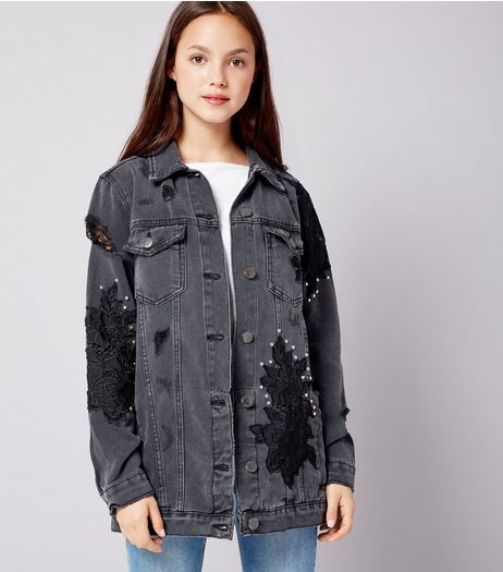 Teens Black Floral Applique Studded Denim Jacket | New Look
