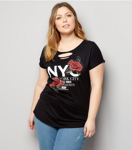 Curves Black NYC Floral Ripped T-Shirt | New Look
