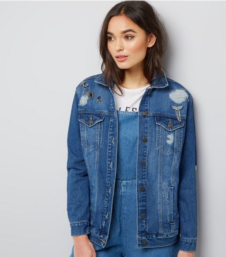 Blue Crystal Brooch Denim Jacket | New Look