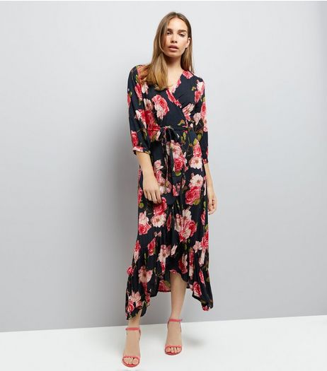 Blue Vanilla Red Rose Print Wrap Front Dress | New Look