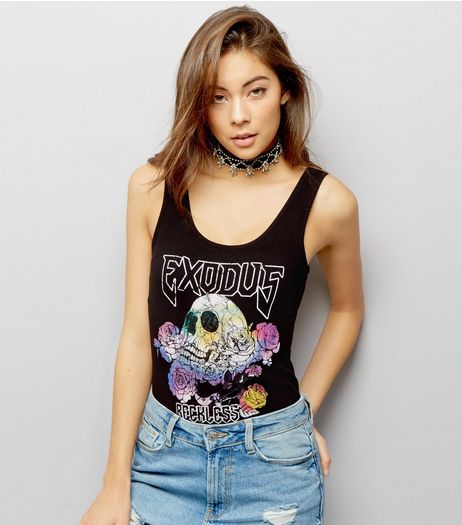 Black Skull Print Scoop Neck Bodysuit | New Look
