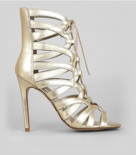 Gold Leather High Ankle Ghillie Heels | New Look