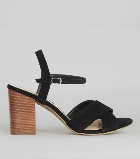 Black Suede Cross Strap Front Heeled Sandals | New Look
