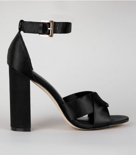 Black Satin Cross Strap Block Heels | New Look