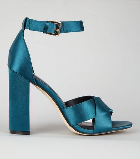 Teal Satin Cross Strap Block Heels | New Look