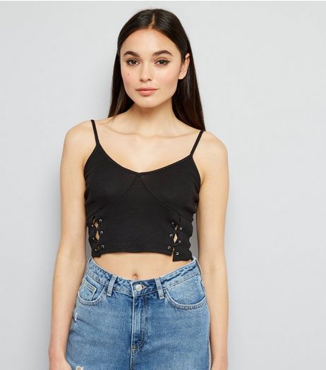Black Lace Up Side Crop Top | New Look