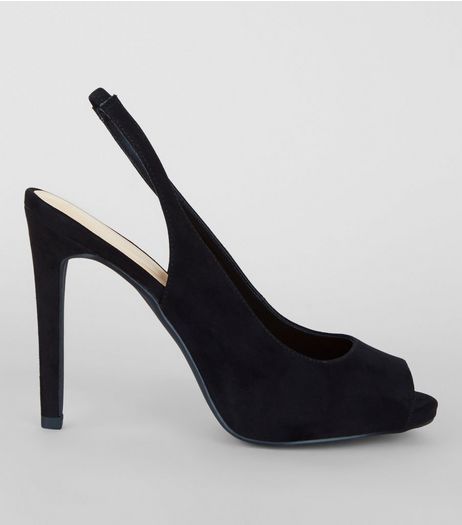Black Patent Sling Back Peep Toe Heels | New Look