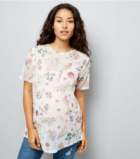Maternity Cream Floral Mesh T-Shirt | New Look