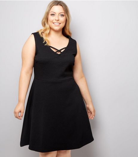 Curves Black Lattice Front Skater Dress | New Look