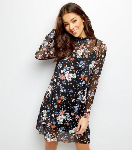 QED Black Mesh Floral Print 2 in 1 Tunic Dress | New Look