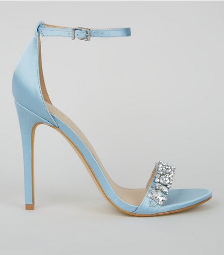 Pale Blue Satin Crystal Embellished Heels | New Look