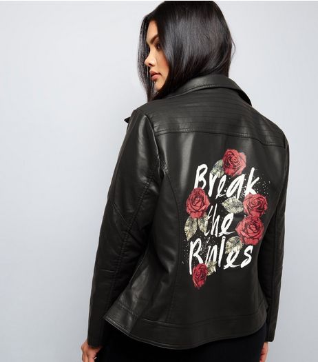Curves Black Break The Rules Print Leather-Look Jacket | New Look
