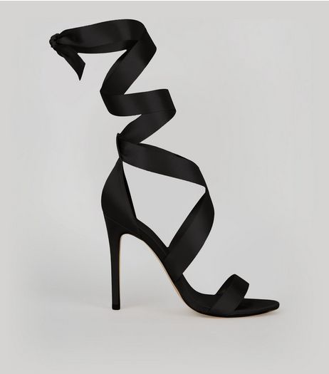 Black Satin Ribbon Tie Heels | New Look