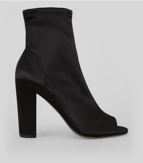 Black Satin Peep Toe Heeled Boots | New Look