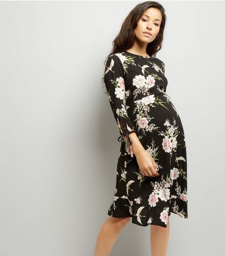 Maternity Black Floral Print Frill Hem Dress | New Look