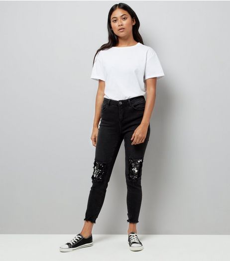 Petite Black Sequin Knee Fray Hem Skinny Jeans | New Look